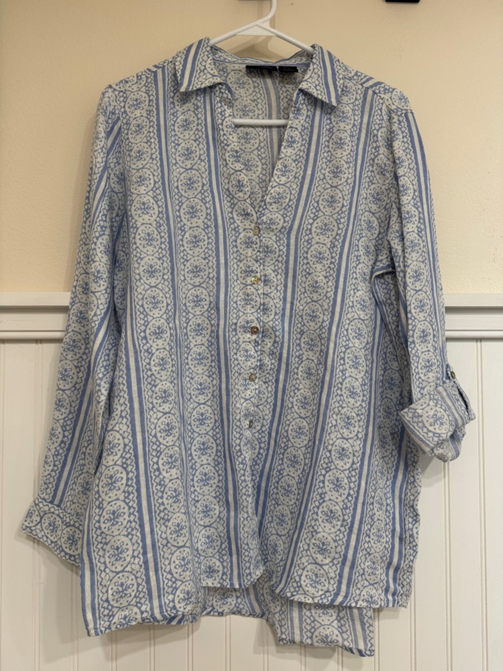 RACHEL Rachel Roy Blue & White Linen Printed Button Shirt